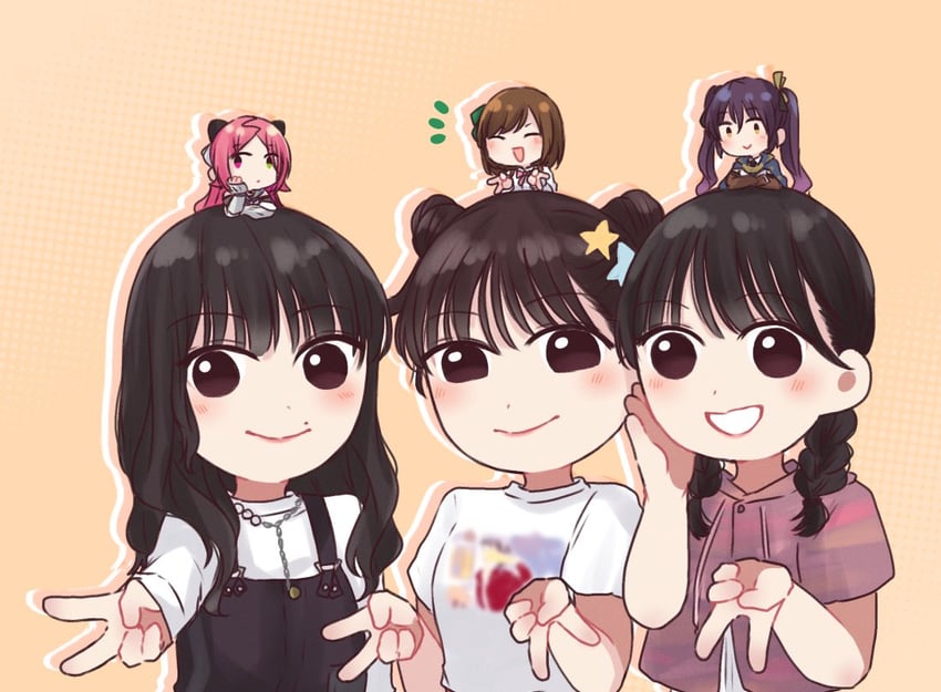 shiba tomoshibi, hishida haru, saeki julia karen, nomoto sora, hayashida mahiro, and 1 more (real life and 1 more) drawn by nigari_(ngari_0115)