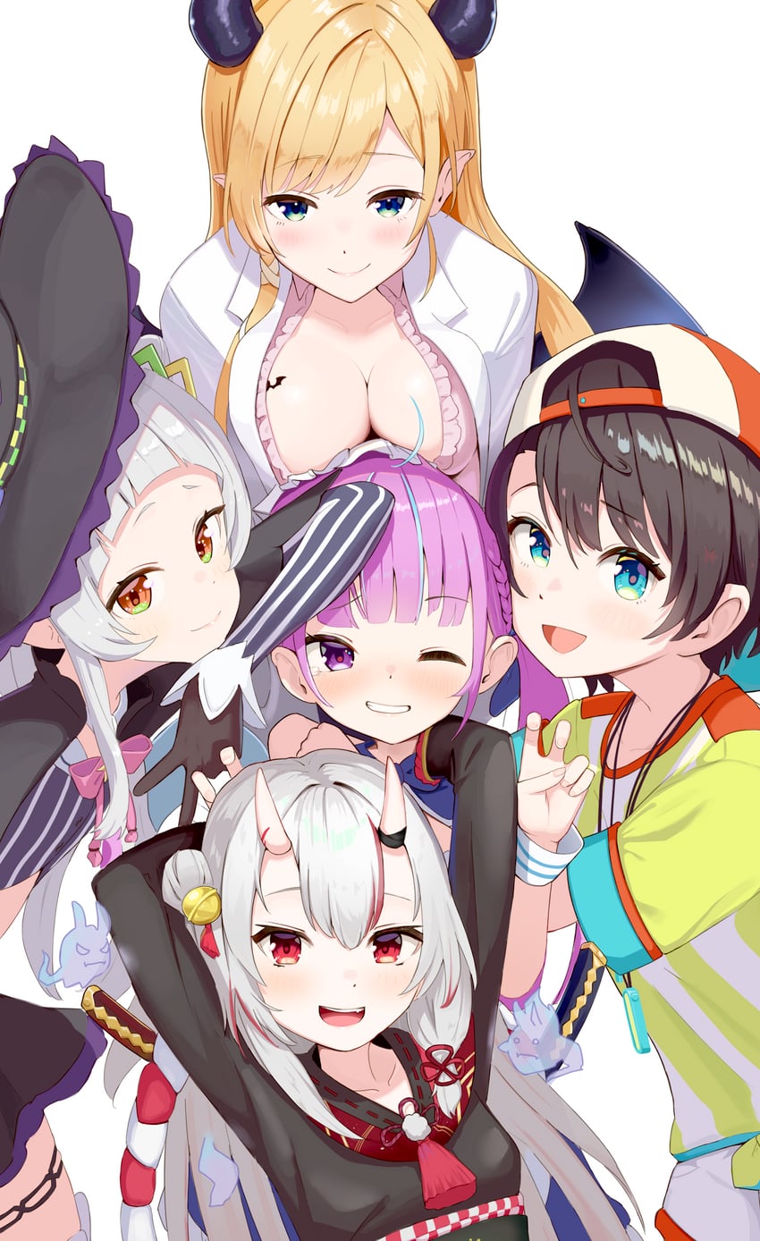 minato aqua, oozora subaru, murasaki shion, nakiri ayame, and yuzuki choco (hololive) drawn by taachika