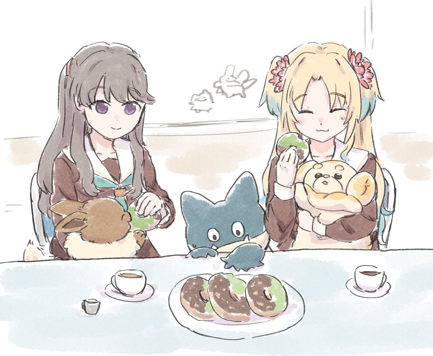 fujishima megumi, eevee, osawa rurino, munchlax, and fidough (pokemon and 2 more) drawn by ao_kaeru