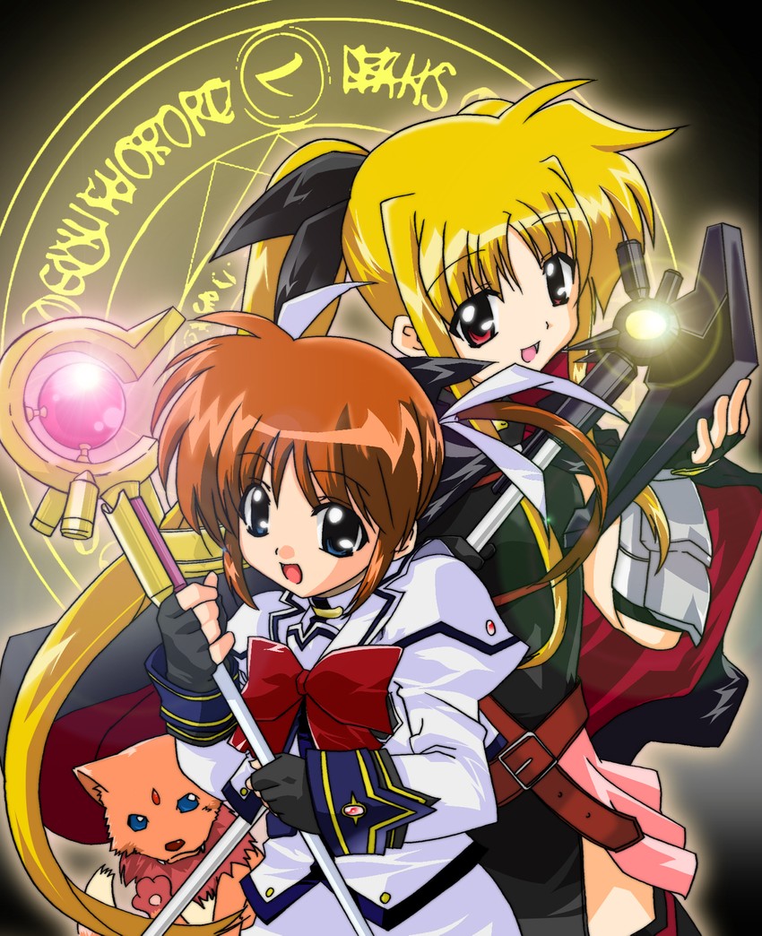 fate testarossa, takamachi nanoha, raising heart, arf, and bardiche (lyrical nanoha and 2 more) drawn by sia_(testarossa)