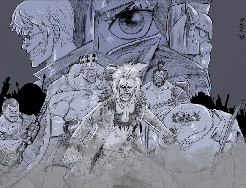 monkey d. luffy, rebecca, bartolomeo, bellamy, lucy, and 3 more (one piece) drawn by garththedestroyer