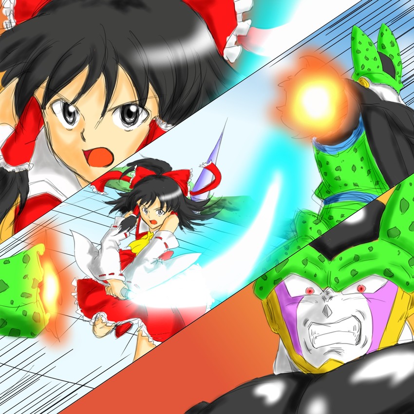 hakurei reimu, cell, and perfect cell (touhou and 2 more) drawn by ohoho