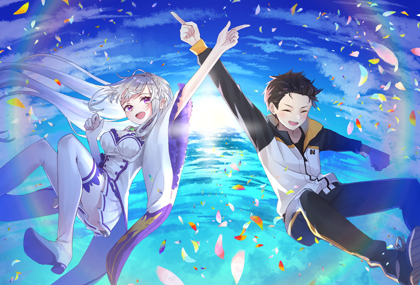 emilia and natsuki subaru (re:zero kara hajimeru isekai seikatsu) drawn by yuzouni