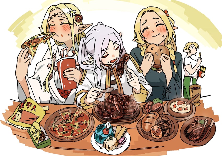frieren, marcille donato, elfuda, and eldali ilma fanomenel (sousou no frieren and 3 more) drawn by momo_no_suidou-sui