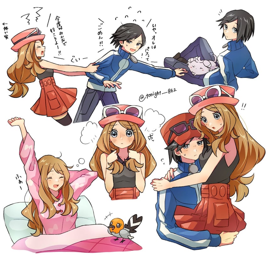 serena, calem, espurr, and fletchling (pokemon and 1 more) drawn by rain_(tonight_862)