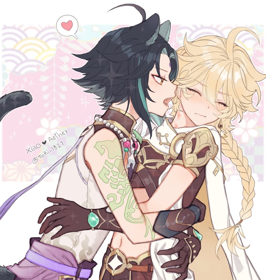 aether and xiao (genshin impact) drawn by torisan_(rinlen1827)