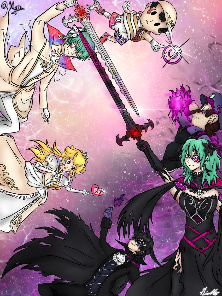 princess peach, female byleth, amamiya ren, luigi, male byleth, and 3 more (fire emblem and 7 more) drawn by xora