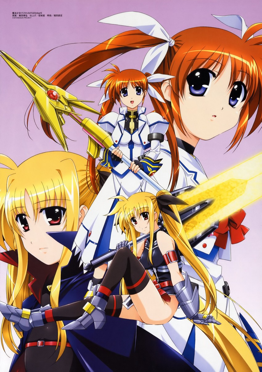 fate testarossa, takamachi nanoha, raising heart, and bardiche (lyrical nanoha and 2 more) drawn by okuda_yasuhiro