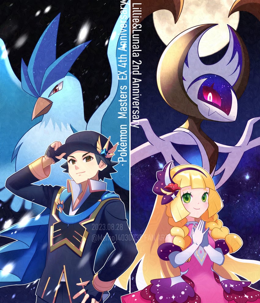 articuno, lunala, lillie, and red (pokemon and 1 more) drawn by memo14030037