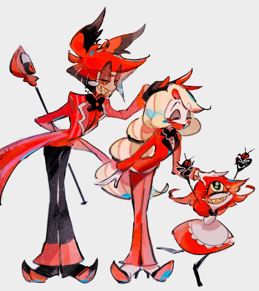 charlie morningstar, alastor, and niffty (hazbin hotel) drawn by noppo_(nopon)