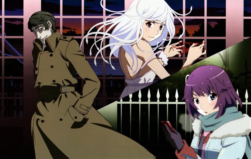 senjougahara hitagi, sengoku nadeko, god nadeko, and kaiki deishuu (monogatari) drawn by watanabe_akio