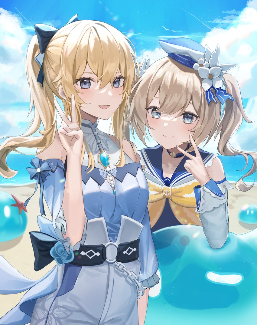 barbara, jean, slime, and hydro slime (genshin impact) drawn by mungduck