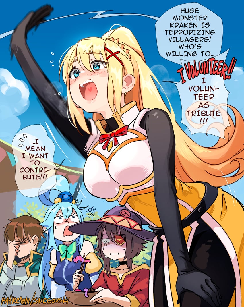 megumin, aqua, darkness, and satou kazuma (kono subarashii sekai ni shukufuku wo!) drawn by snegovski