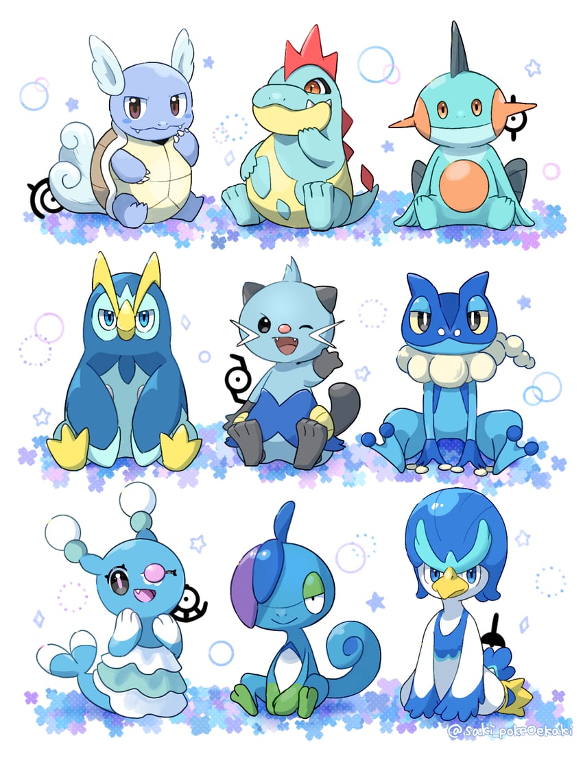 unown, wartortle, brionne, drizzile, dewott, and 10 more (pokemon) drawn by saki_pokeoekaki