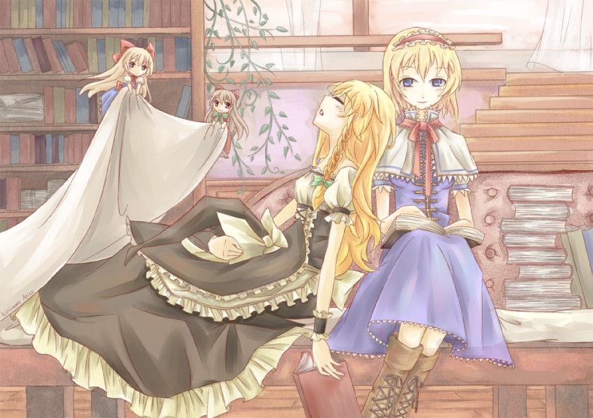 kirisame marisa, alice margatroid, shanghai doll, and hourai doll (touhou) drawn by vetina