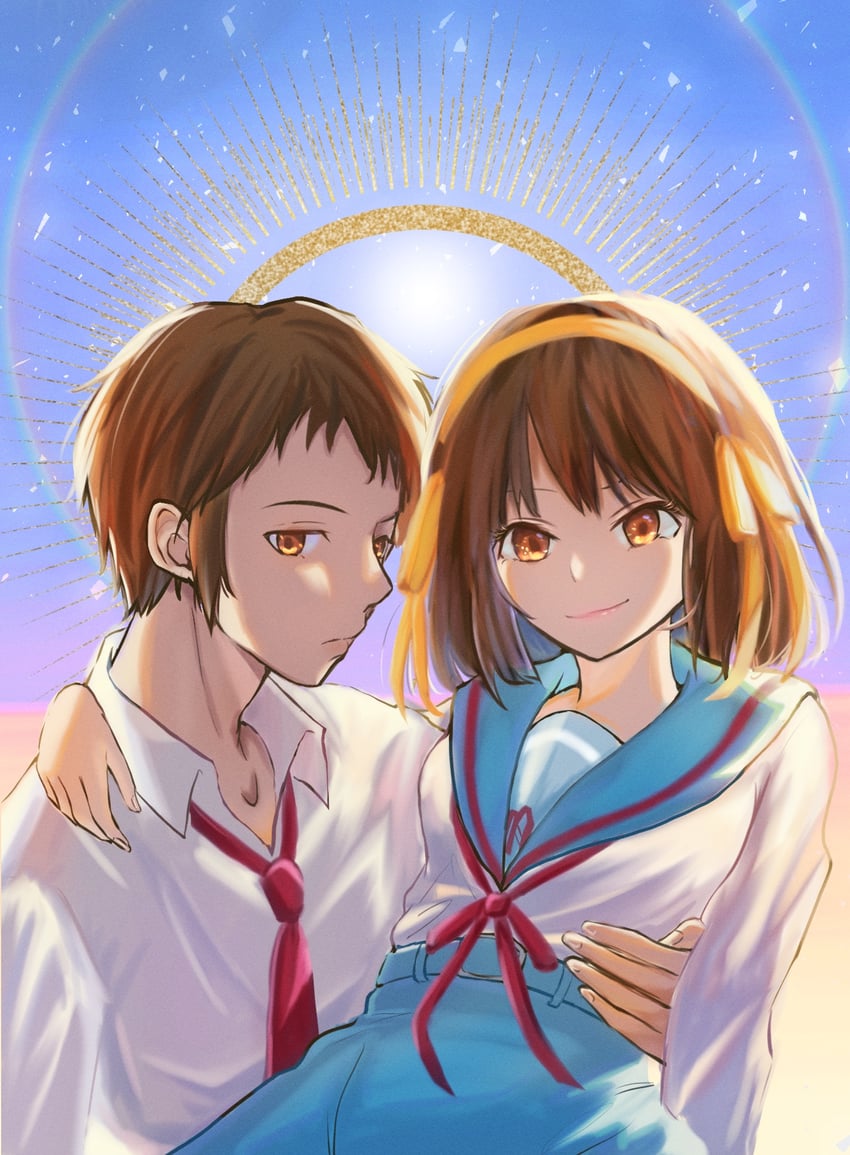 suzumiya haruhi and kyon (suzumiya haruhi no yuuutsu) drawn by eequal_mc2
