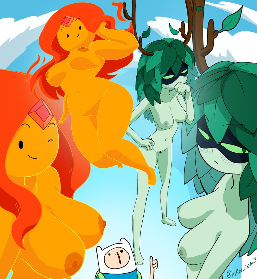 finn the human, huntress wizard, and flame princess (adventure time) drawn by inker_comics