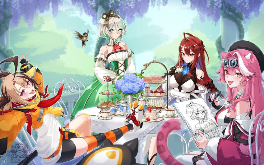 raora panthera, gigi murin, cecilia immergreen, and elizabeth rose bloodflame (hololive and 1 more) drawn by corina_vi