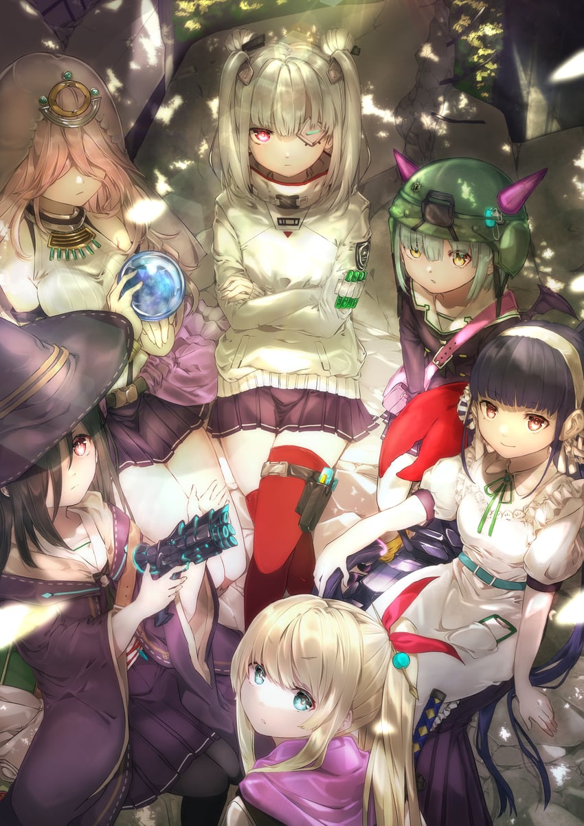 satsuki mari, kanzaki adelheid, yamawaki bon ivar, bungo yayoi, sakuraba seira, and 1 more (heaven burns red) drawn by yokogon