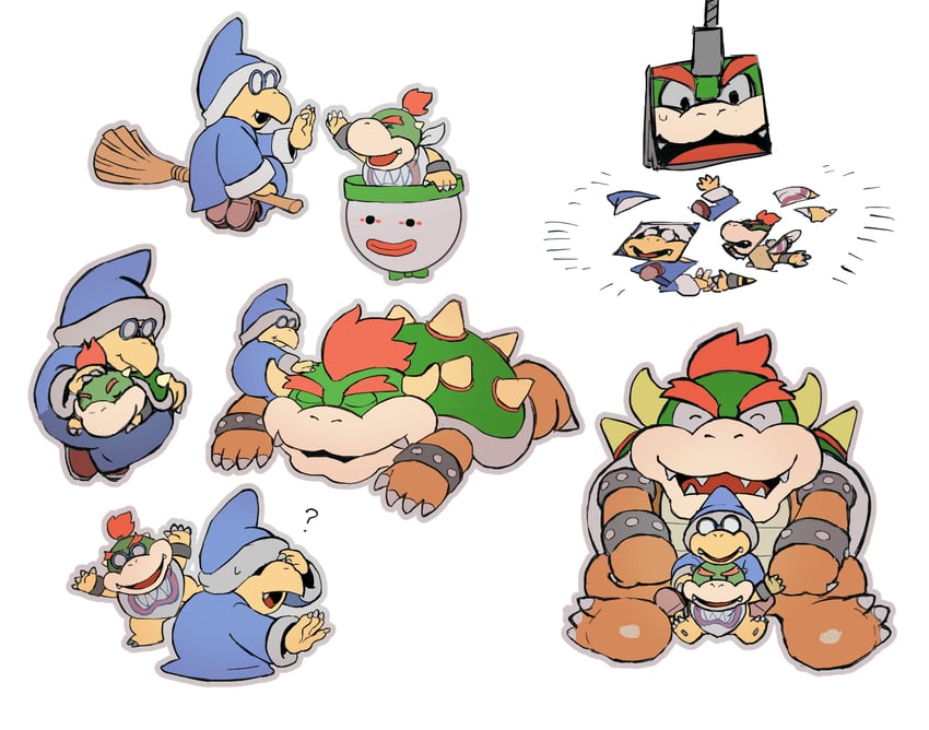 bowser, bowser jr., kamek, and junior clown car (mario and 2 more) drawn by rinabee_(rinabele0120)
