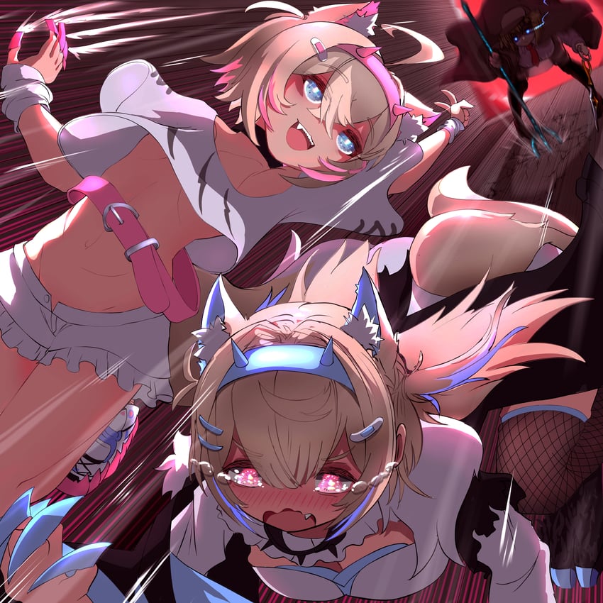watson amelia, fuwawa abyssgard, and mococo abyssgard (hololive and 1 more) drawn by unmi