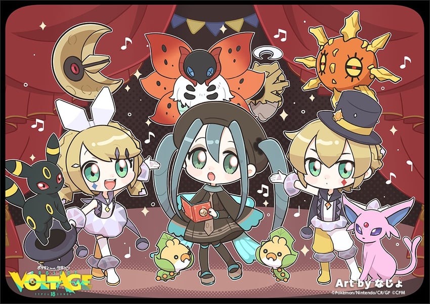 hatsune miku, kagamine rin, kagamine len, umbreon, espeon, and 8 more (pokemon and 2 more) drawn by najo