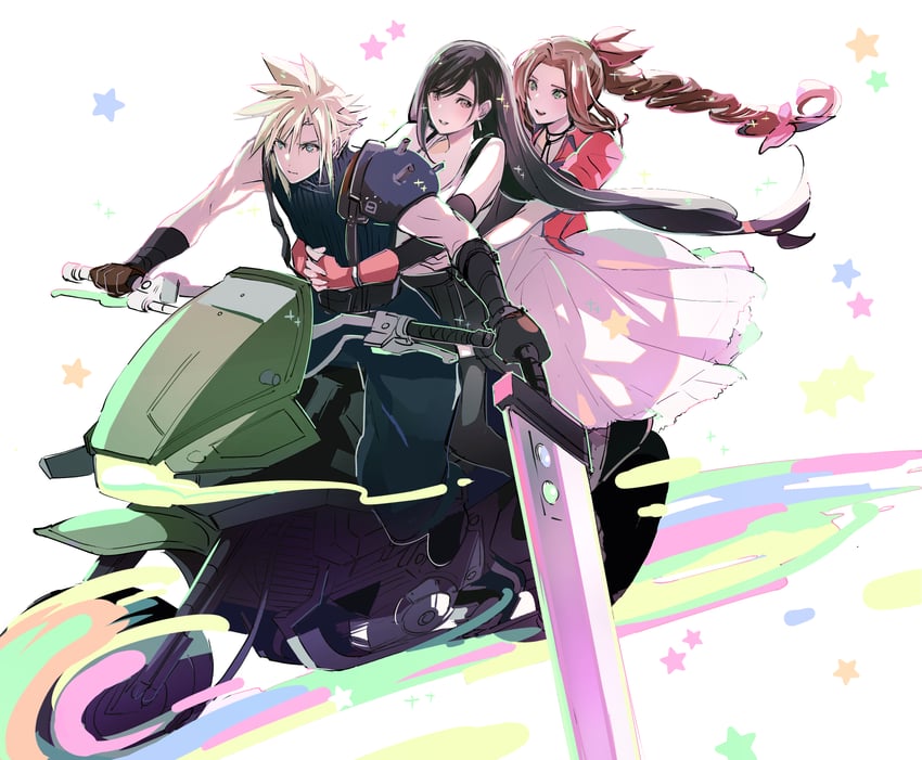 tifa lockhart, cloud strife, and aerith gainsborough (final fantasy and 2 more) drawn by shoji_sakura