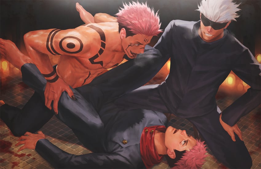 gojou satoru, itadori yuuji, and ryoumen sukuna (jujutsu kaisen) drawn by penguin_frontier