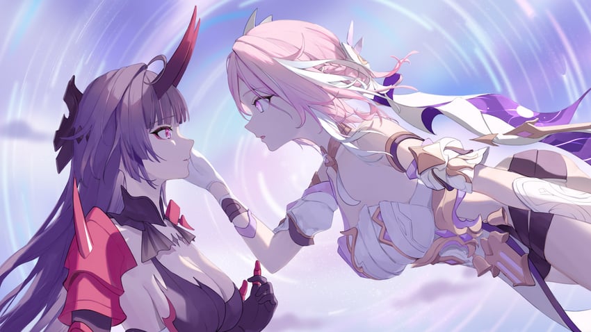 raiden mei and elysia (honkai and 1 more) drawn by roena