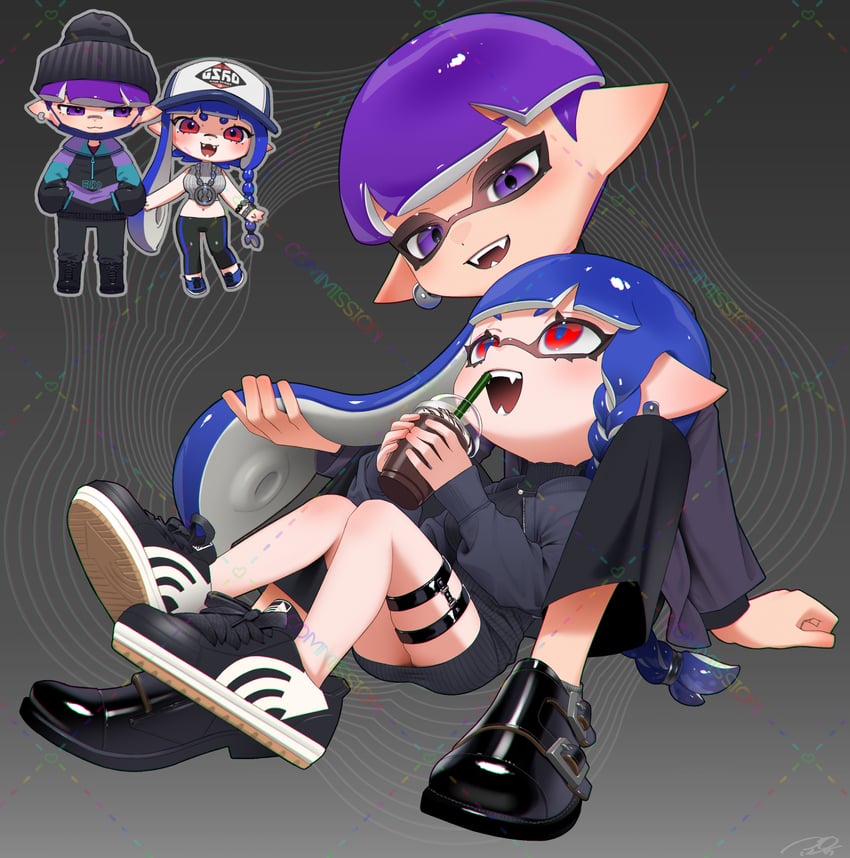 inkling player character, inkling girl, and inkling boy (splatoon) drawn by puchiman