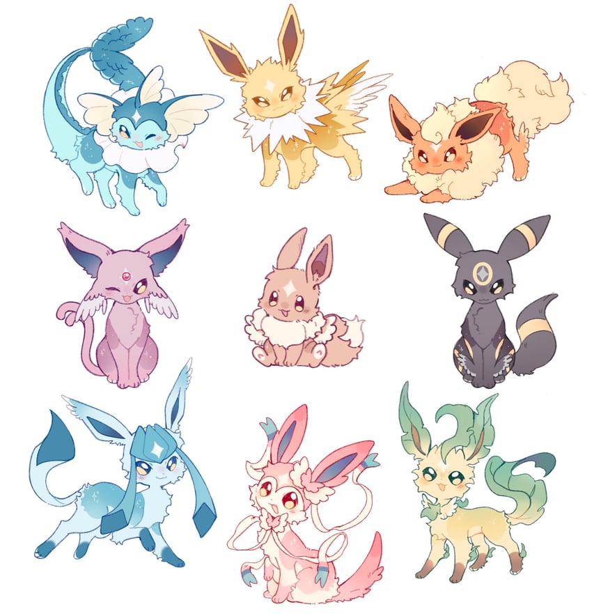 eevee, sylveon, umbreon, glaceon, vaporeon, and 4 more (pokemon) drawn by fumi03