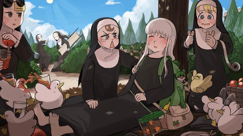 clumsy nun, froggy nun, spicy nun, sheep nun, hungry nun, and 1 more (little nuns) drawn by diva_(hyxpk)