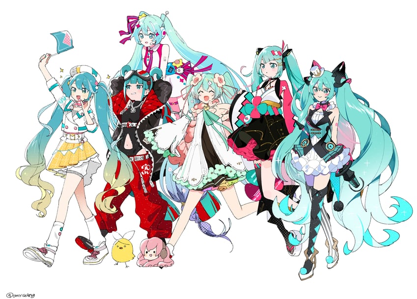 hatsune miku, kagamine rin, megurine luka, magical mirai miku, and takoluka (vocaloid and 1 more) drawn by omutatsu