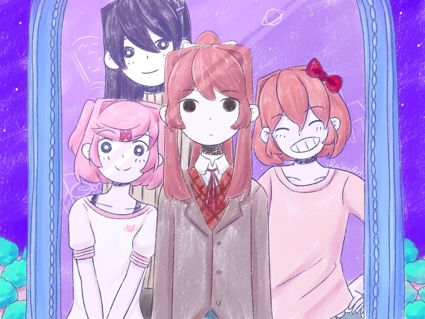 monika, natsuki, yuri, and sayori (doki doki literature club and 1 more) drawn by raion_(raionart)