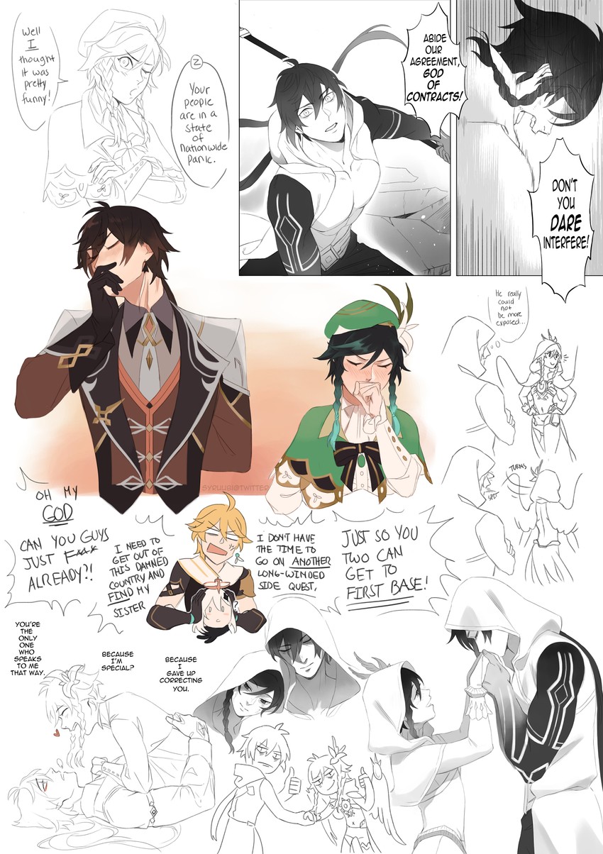 aether, paimon, venti, and zhongli (genshin impact) drawn by syruubi
