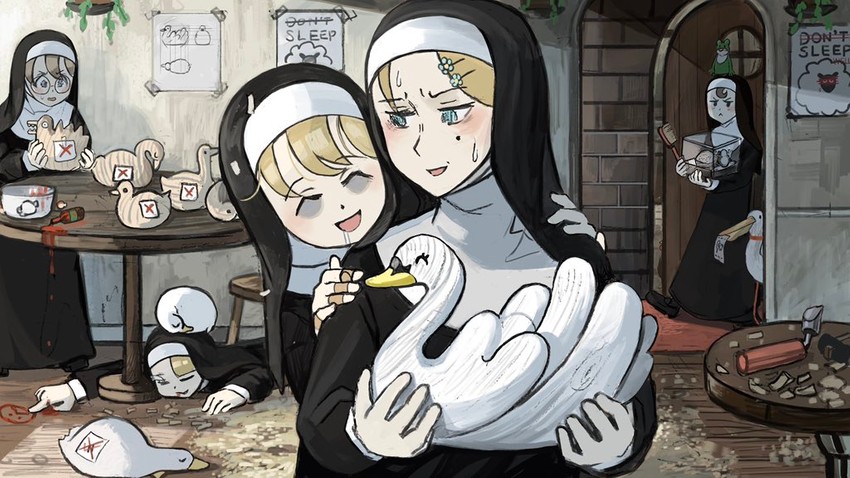 clumsy nun, froggy nun, spicy nun, strict nun, and glasses nun (little nuns) drawn by diva_(hyxpk)