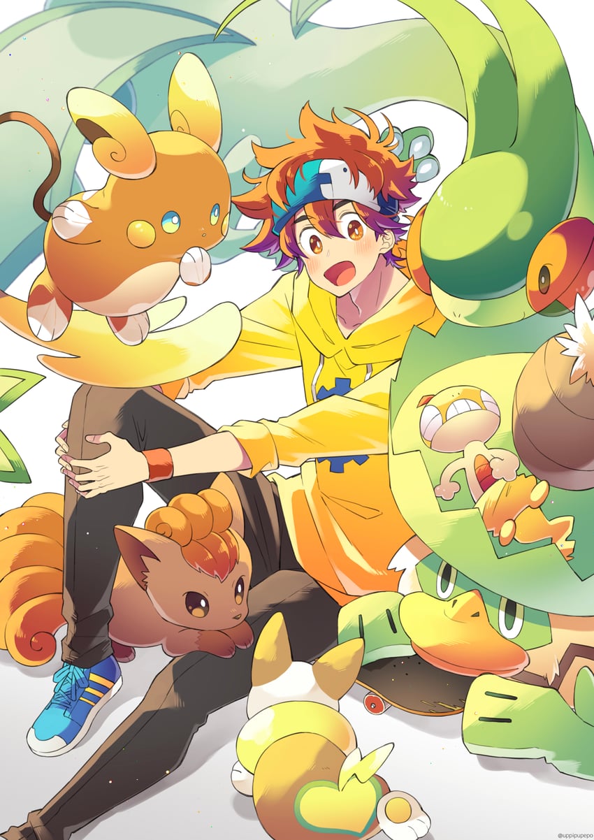 flygon, yamper, vulpix, alolan raichu, kyan reki, and 2 more (pokemon and 1 more) drawn by uppi