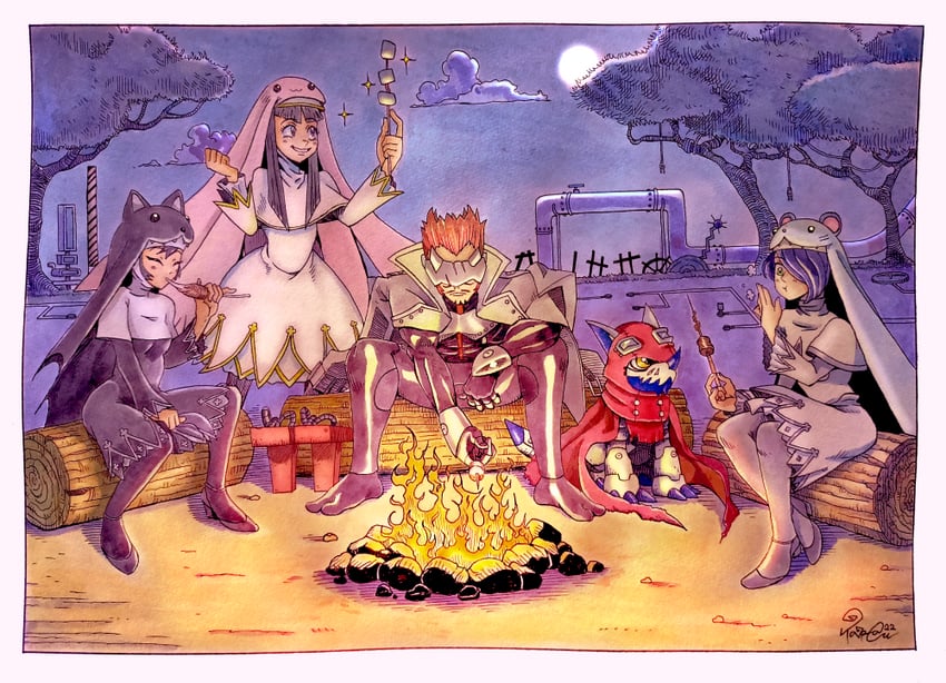 sistermon noir, sistermon blanc, sistermon ciel, and gankoomon (digimon) drawn by taragraphika