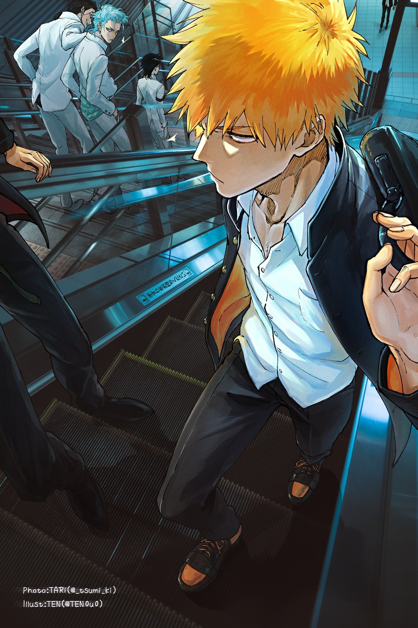 kurosaki ichigo, grimmjow jaegerjaquez, ulquiorra cifer, and nnoitra gilga (bleach) drawn by ten0u0