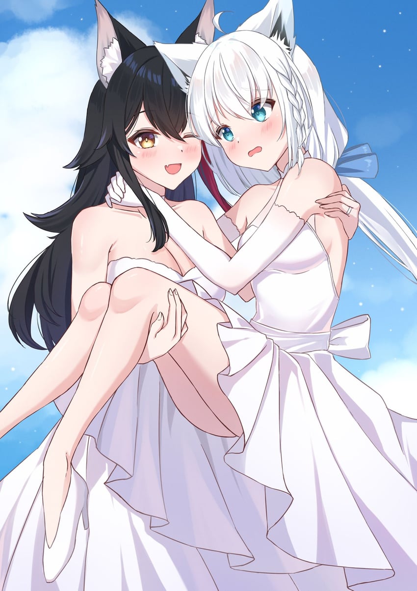 shirakami fubuki and ookami mio (hololive) drawn by maru.selinn