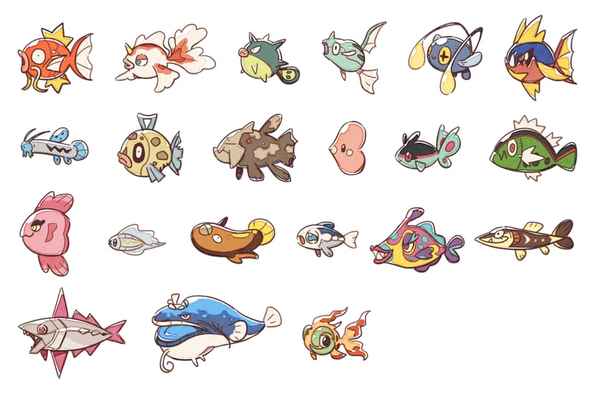 magikarp, luvdisc, wishiwashi, chinchou, goldeen, and 16 more (pokemon) drawn by ssalbulre