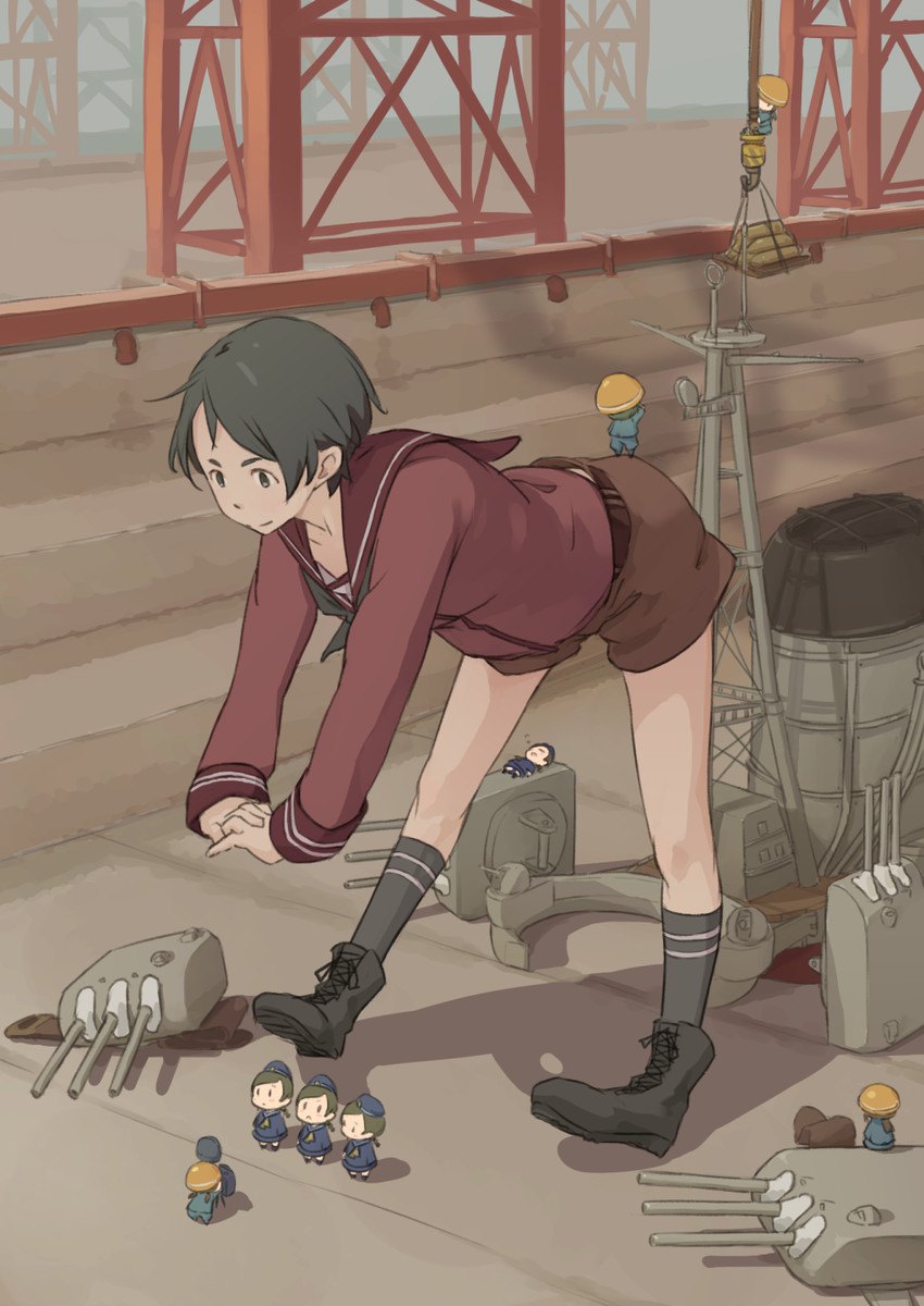 fairy, mogami, helmet musume, and 15.5cm triple gun mount (kantai collection) drawn by ipponshimeji