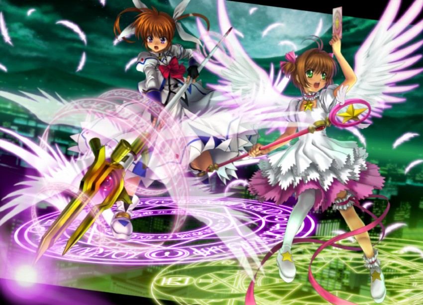 takamachi nanoha, kinomoto sakura, and raising heart (lyrical nanoha and 4 more) drawn by mutsuki_(moonknives)