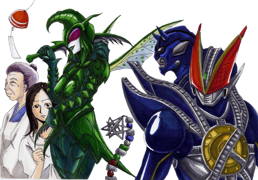 kamen rider new den-o, teddy, and mantis imagin (kamen rider and 2 more) drawn by u+_(tachimachi881yo)