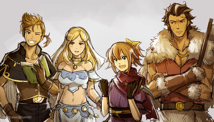 tressa colzione, ophilia clement, alfyn greengrass, and olberic eisenberg (octopath traveler and 1 more) drawn by gzei