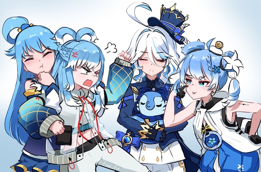 furina, aqua, kobo kanaeru, and youhu (hololive and 4 more) drawn by fian_f.n