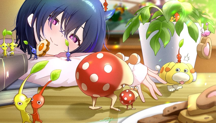 red pikmin, yellow pikmin, ichinose uruha, blue pikmin, oatchi, and 1 more (vspo! and 1 more) drawn by muton_(muton82)