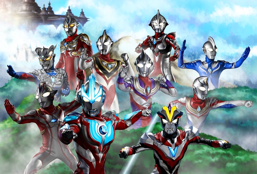 ultraman tiga, ultraman zero, ultraman gaia, ultraman nexus, ultraman mebius, and 6 more (ultra series and 9 more) drawn by neofrontier