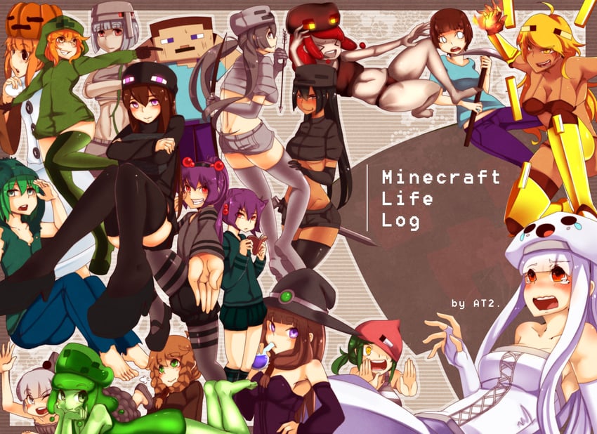 creeper, enderman, steve, zombie, cupa, and 18 more (minecraft and 1 more) drawn by at2.