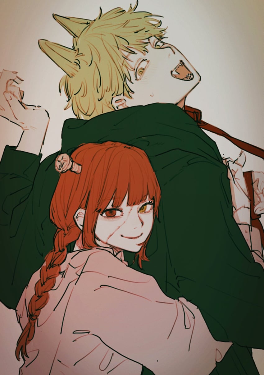 makima, denji, and frankenstein's monster (chainsaw man) drawn by pecopecosupipi